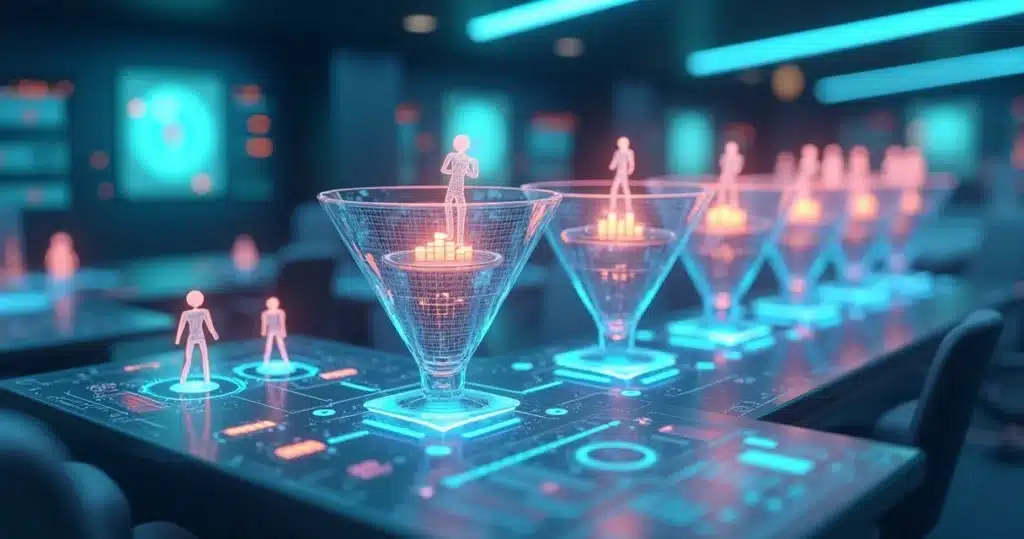 Modelo 3D mostrando fluxo de funil de vendas inbound integrado a canais de parceria B2B com painéis de controle e automação