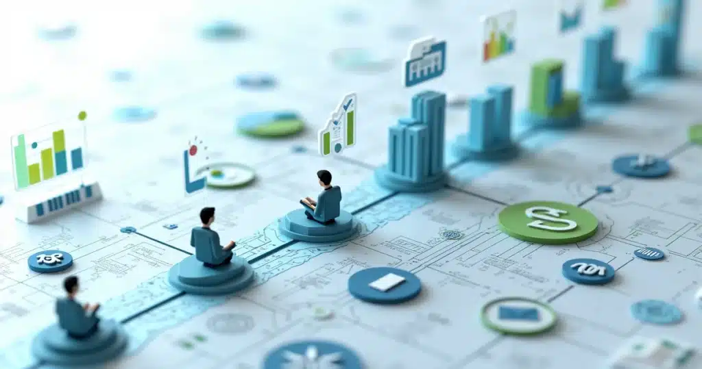 Modelo 3D representando fluxo de cadência em vendas B2B com gráficos, canais de comunicação e conexões entre parceiros