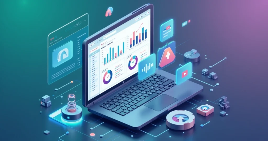 Modelo 3D mostrando painel digital de forecast de vendas com gráficos, tabelas e ícones de parceiros em um fundo moderno