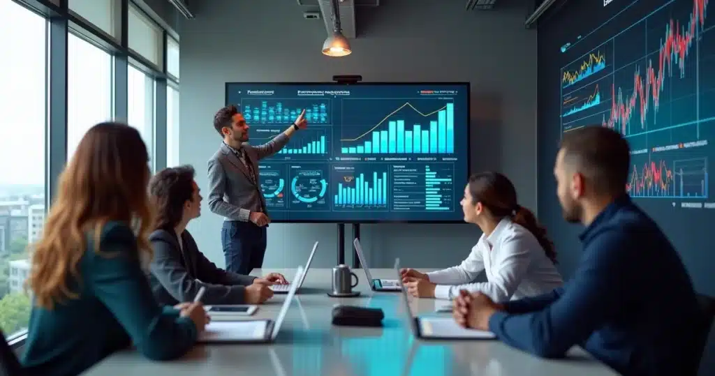 Equipe de vendas reunida em escritório moderno analisando gráficos digitais de desempenho em telas