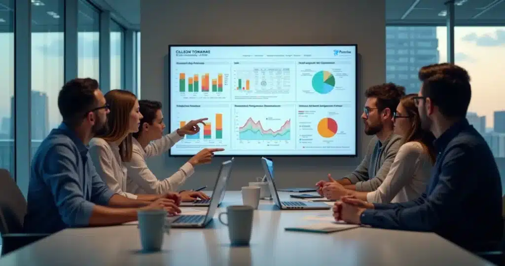 Reunião de equipe analisando gráficos de vendas com parceiros em escritório moderno