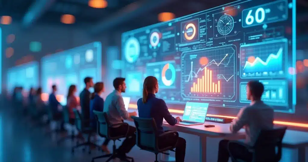 Ilustração 3D de gestores analisando gráficos e cronômetros em telas digitais representando senso de urgência na gestão de parcerias