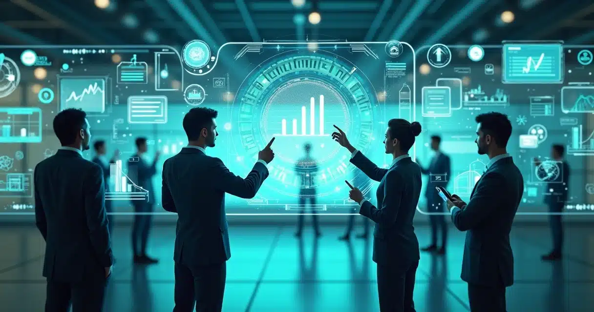 Ilustração 3D de profissionais analisando gráficos de desempenho em tela com ícones de moedas e documentos ao redor