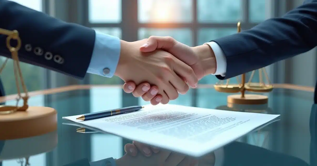 Mãos apertando em sinal de parceria sobre mesa com contrato, caneta e elementos jurídicos em 3D