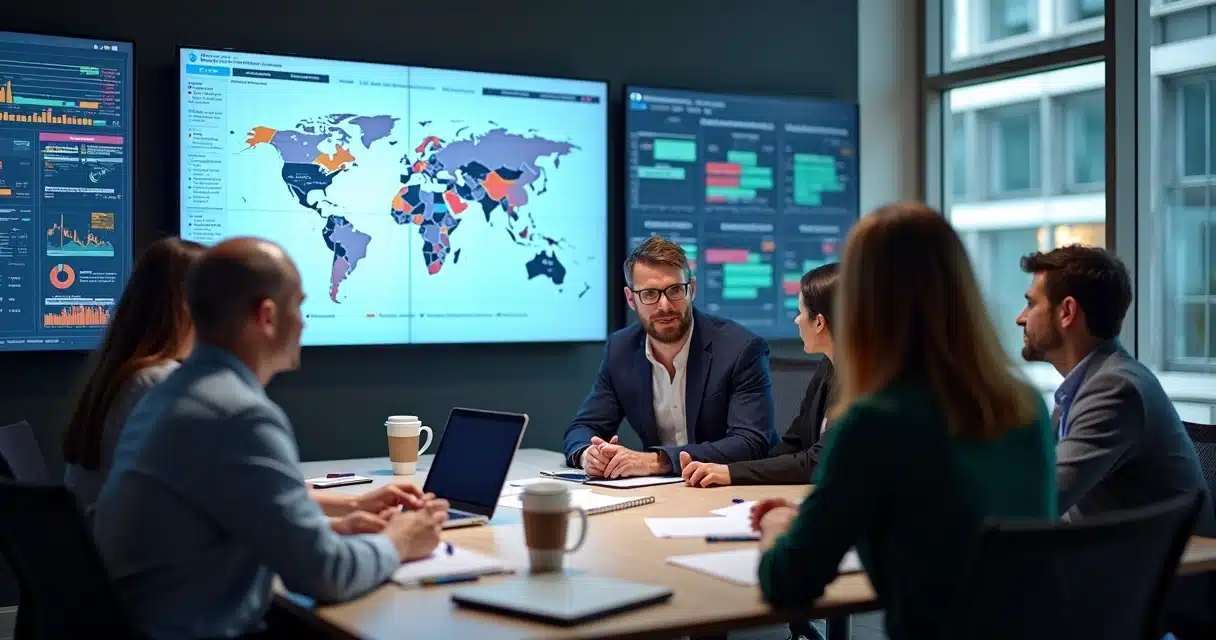 Equipe de vendas em escritório moderno discutindo planejamento comercial com gráficos e calendários na tela