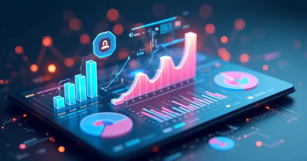 Modelo 3D de dashboard digital exibindo métricas de vendas e engajamento de parceiros em ambiente corporativo moderno, com gráficos coloridos e elementos tecnológicos