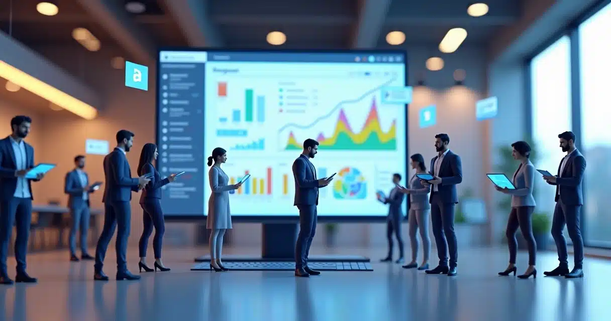 Representação 3D de um planejamento de vendas B2B com gráficos, pipeline e equipe de parceiros conectados