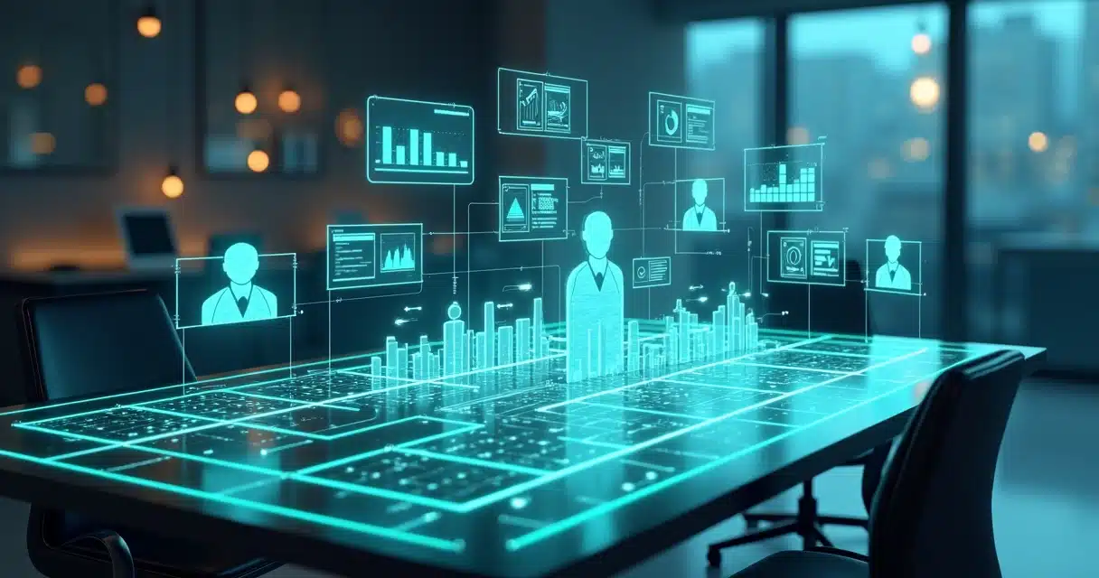 Modelo 3D mostrando estratégia de vendas B2B com gráficos, parceiros conectados e dashboards digitais
