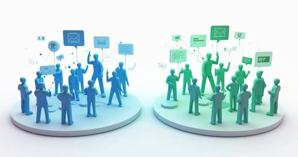 Ilustração 3D de dois fluxos distintos representando prospecção ativa e passiva para canais de vendas, com ícones de pessoas, gráficos e ferramentas digitais em cores vibrantes