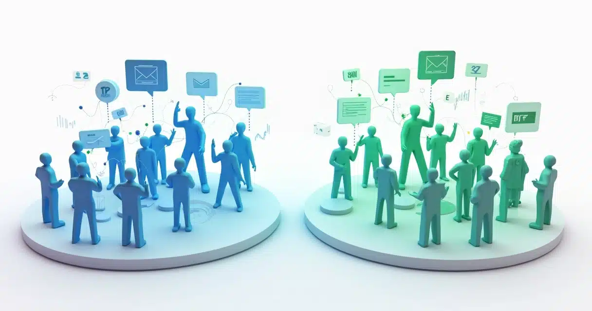 Ilustração 3D de dois fluxos distintos representando prospecção ativa e passiva para canais de vendas, com ícones de pessoas, gráficos e ferramentas digitais em cores vibrantes