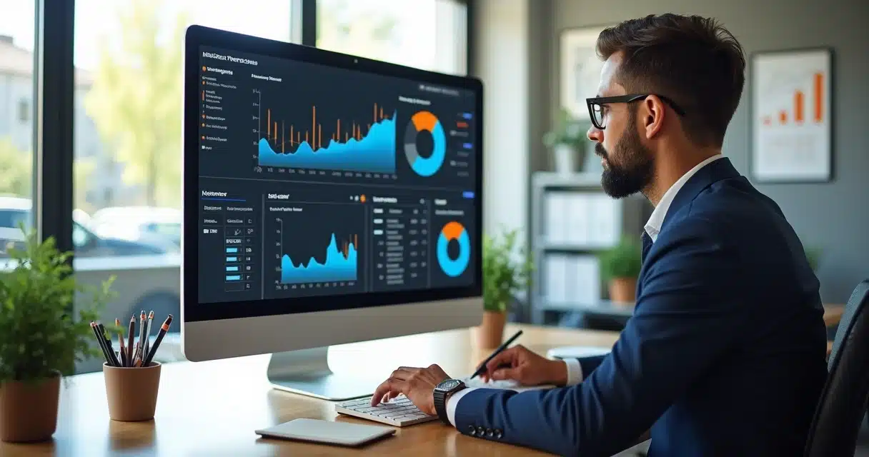 Representante de negócios analisando relatórios em computador moderno com gráficos e dashboards visíveis na tela