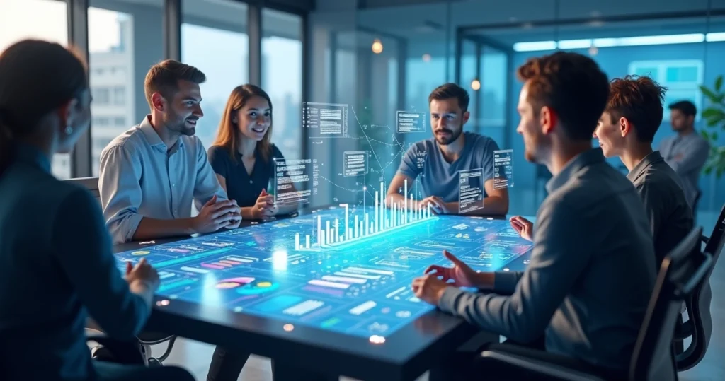 Representação 3D de equipe desenvolvendo setor de parcerias com gráficos, painéis digitais e comunicação integrada