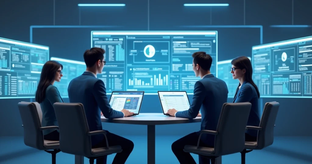 Ilustração 3D mostrando equipe de vendas analisando leads com filtros digitais e gráficos de desempenho em tela futurística