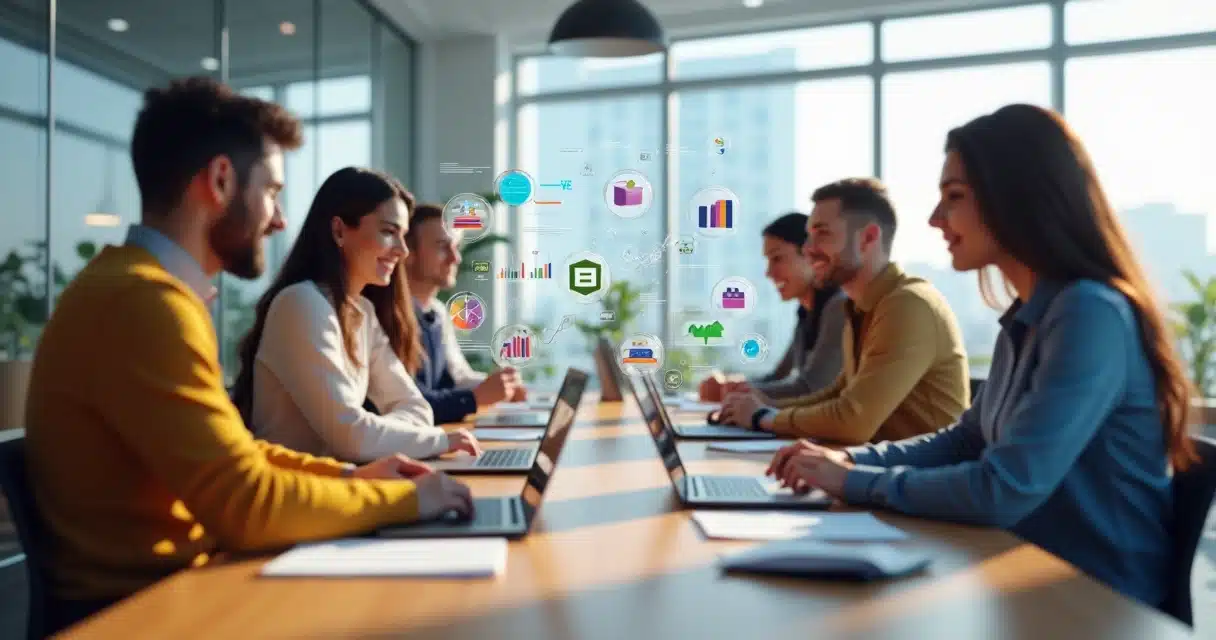 Modelos 3D de duas equipes de agências trabalhando juntas em mesa de coworking com laptops e gráficos digitais