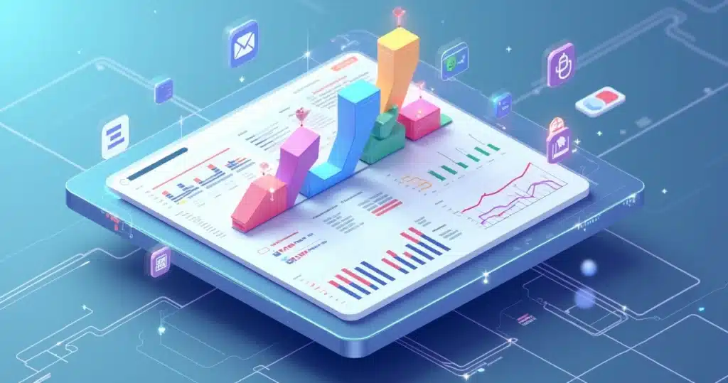 7 Erros em Dados de Canais e Como Corrigir Modelagem 3D de dashboard com gráficos e fluxos de dados representando análise de canais , Erros em Dados de Canais