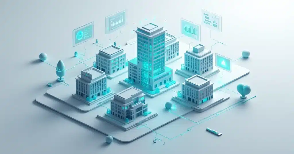 Modelos 3D representando clínicas e healthtechs conectadas por parcerias estratégicas com gráficos de performance e tecnologia PRM visíveis