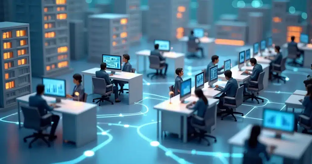 Modelos 3D que mostram escritórios modernos conectados por linhas simbolizando parcerias de negócios entre equipes diferentes, Modelos 3D que mostram escritórios modernos conectados por linhas simboli