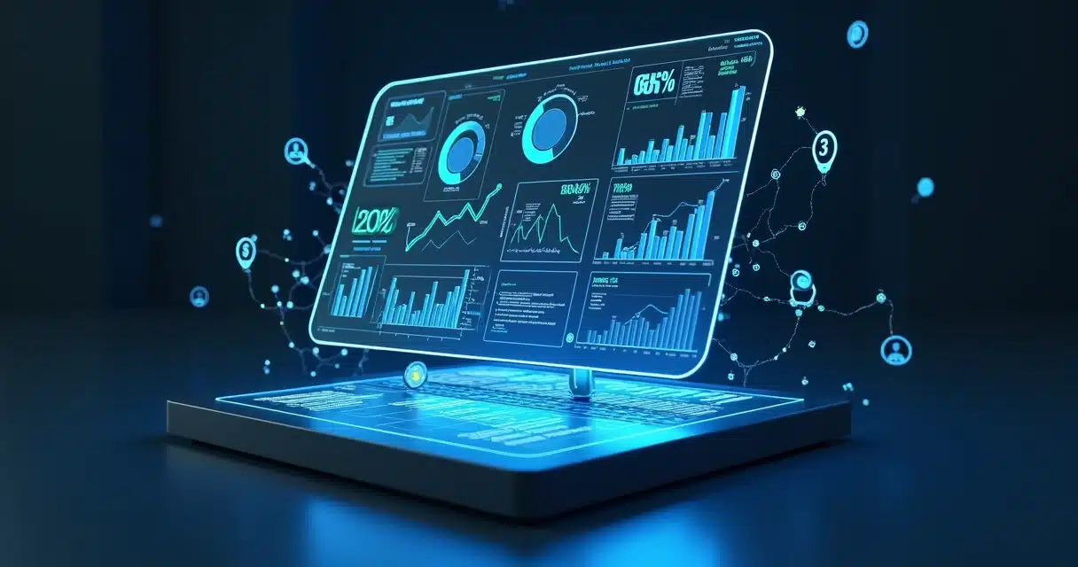 Dashboard 3D exibindo gráficos e indicadores de performance de parceiros em tela digital, definir metas de parceiros
