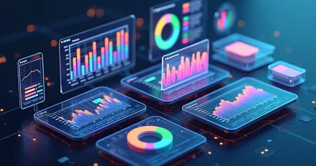 Checklist de canais para o planejamento anual Dashboards digitais 3D exibindo indicadores de desempenho de canais de vendas com gráficos coloridos e painéis interativos, Checklist de canais