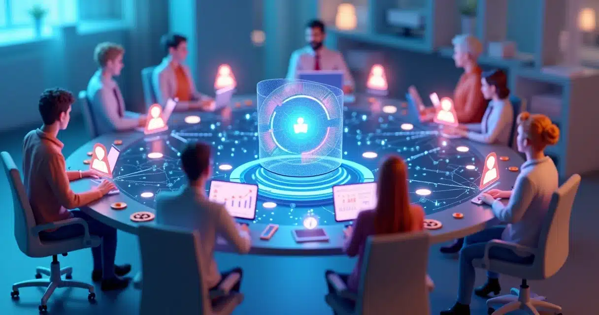 Equipe digital conectada em rede com gráficos de desempenho e ícones de parceiros ao redor