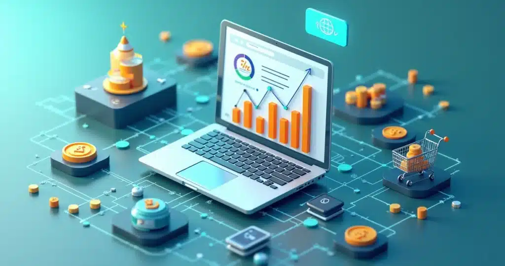 Ilustração 3D de parceiros de afiliados conectados digitalmente com gráficos de crescimento e ícones de vendas