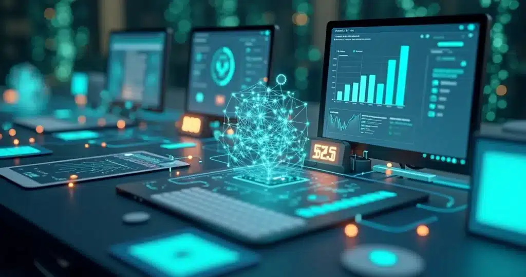 Modelos 3D representando colaboração entre plataformas SaaS e parceiros em ambiente digital com gráficos de performance e ícones de parcerias