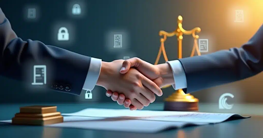 Ética e Regulamentação Parcerias na Advocacia: Guia Prático Modelo 3D de duas mãos apertando-se sobre contrato digital com balança da justiça ao fundo e elementos gráficos de tecnologia e documentos ao redor