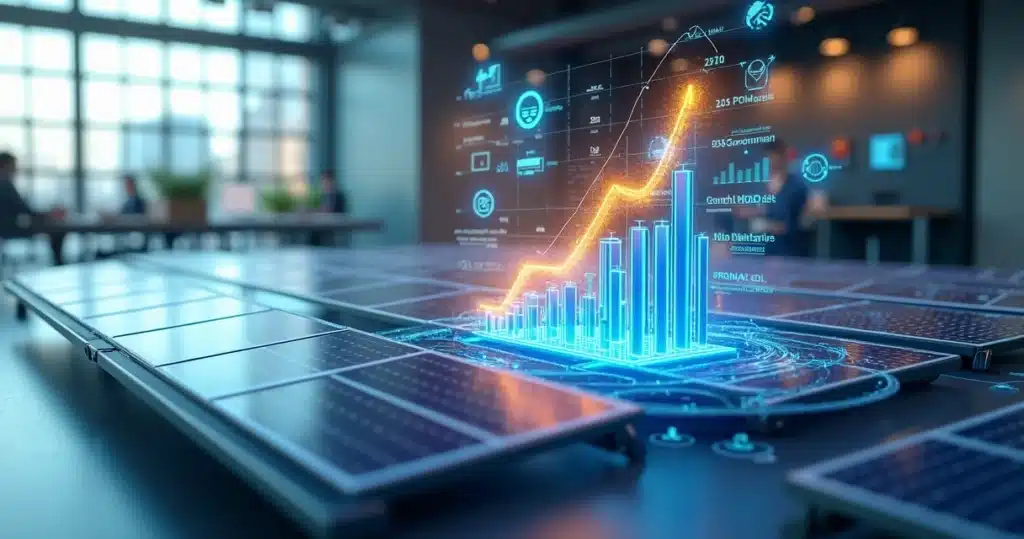 Modelo 3D de painéis solares integrados a rede digital com gráficos de performance e ícones de representantes comerciais e parcerias Como Expandir Vendas de Energia Solar com Canais e Representantes