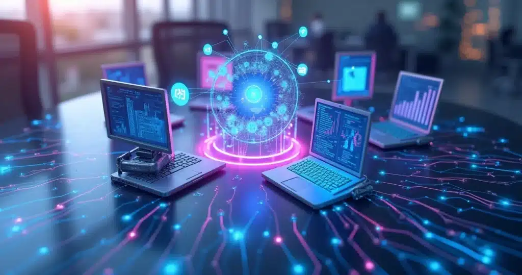 Tendências B2B 2026: Novos Paradigmas em Gestão de Canais Modelo 3D de computadores conectados com gráficos digitais e ícones de automação e inteligência artificial