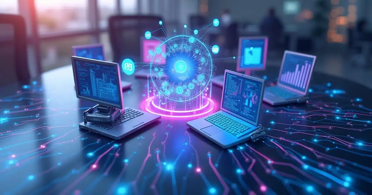 Modelo 3D de computadores conectados com gráficos digitais e ícones de automação e inteligência artificial