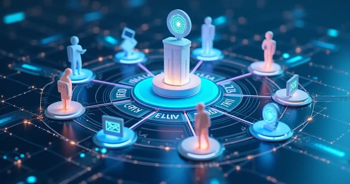 Representação 3D da gestão de canais indiretos com parceiros conectados e gráficos de desempenho