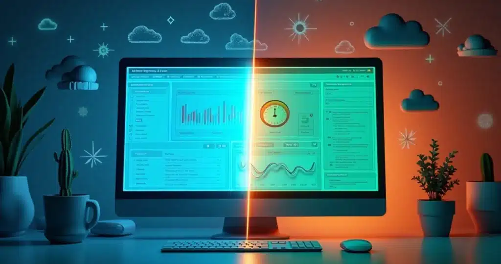 PRM vs CRM: Quando Usar Cada Um na Gestão de Canais SaaS Modelos 3D de telas digitais mostrando comparação entre PRM vs CRM com gráficos e dashboards coloridos