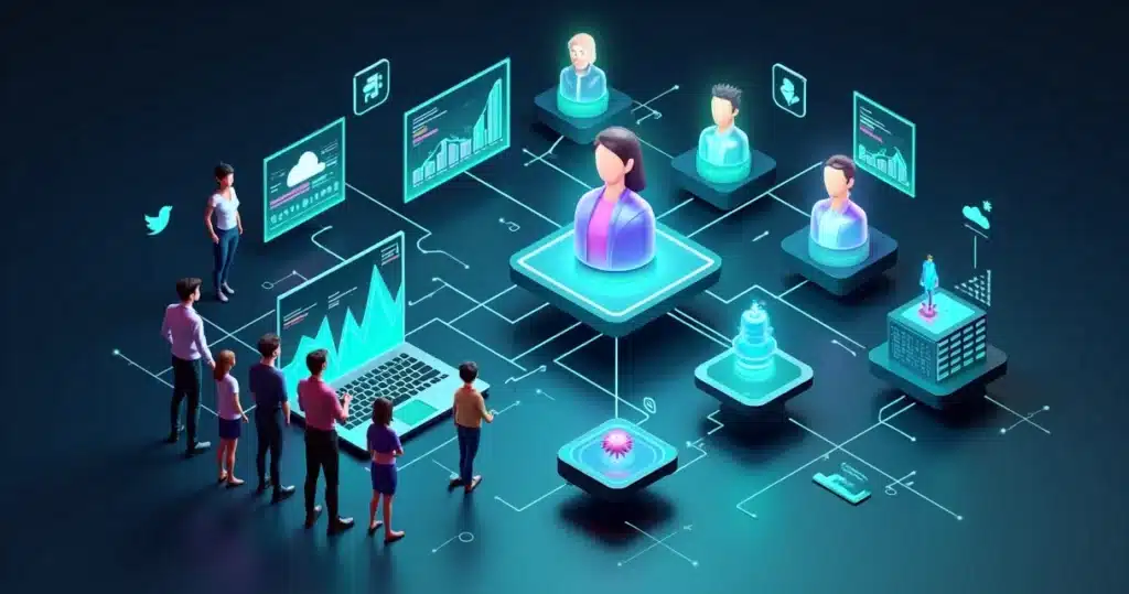 Modelo 3D de uma equipe de vendas digital conectando parceiros, canais e afiliados com gráficos de performance e ícones de comissão