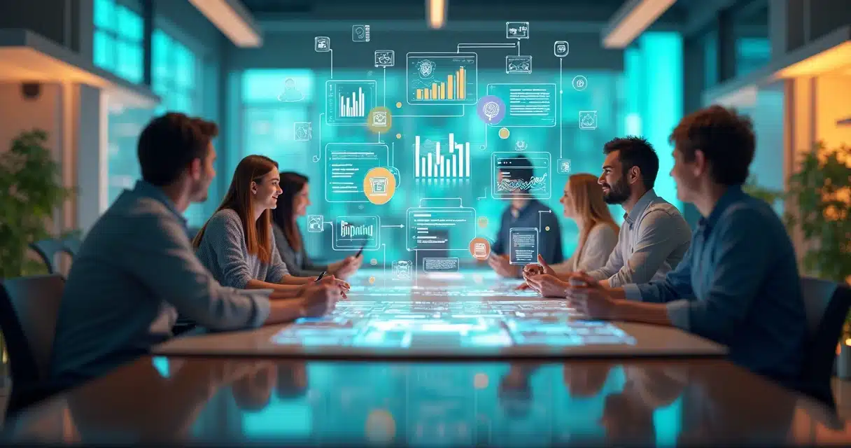 Modelo 3D de equipe reunida em hibridismo digital com telas exibindo gráficos, mensagens e criação de conteúdo Creators