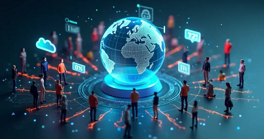 Representação 3D de fintech integrando parceiros digitais com dashboards e conexões tecnológicas, Fintechs Estruturam Programas de afiliados