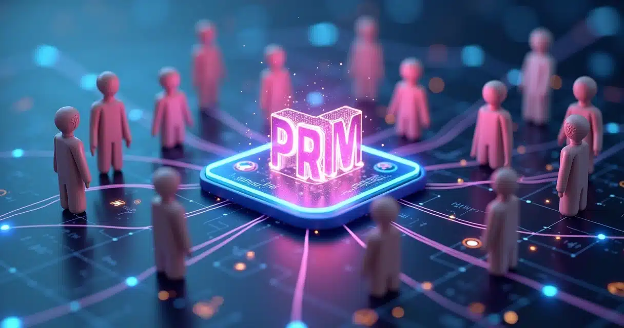 Ilustração 3D mostrando múltiplos parceiros conectados a uma plataforma central de PRM com gráficos de desempenho e ícones de comissionamento e automação