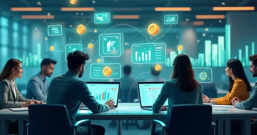 Onde investir em parcerias: treinamento, engajamento ou incentivo? Modelagem 3D de uma equipe corporativa interagindo com gráficos de desempenho, treinamentos digitais e símbolos de incentivos financeiros em um ambiente virtual organizado