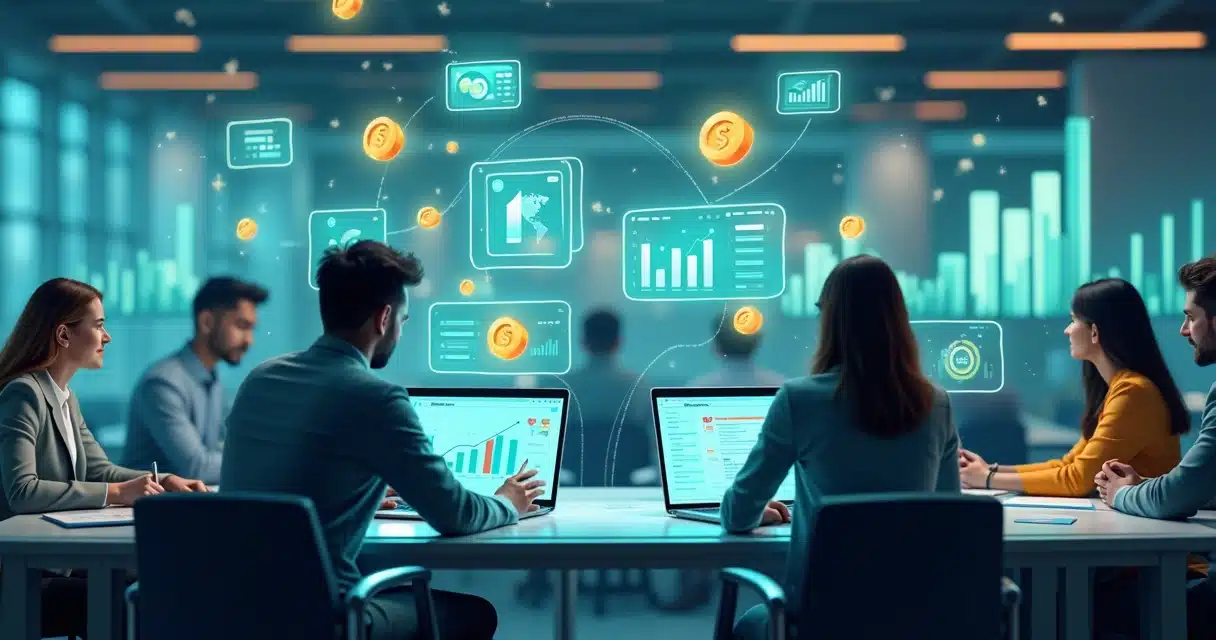 Modelagem 3D de uma equipe corporativa interagindo com gráficos de desempenho, treinamentos digitais e símbolos de incentivos financeiros em um ambiente virtual organizado