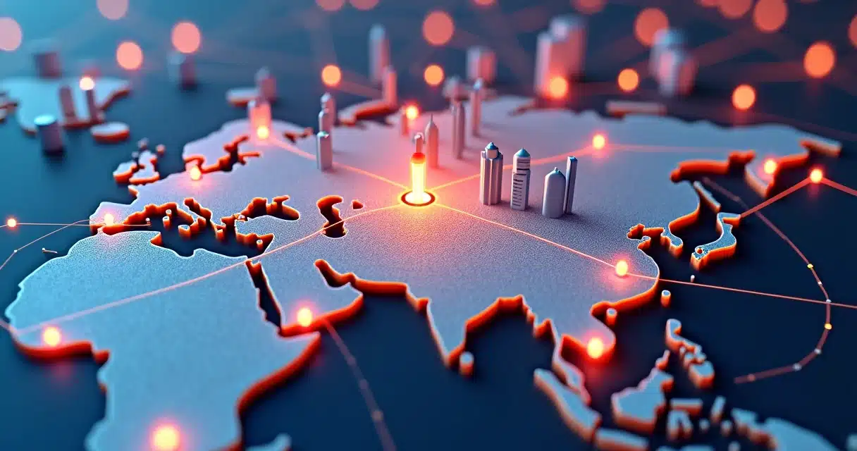 Ilustração 3D de uma rede de parcerias regionais conectadas por ícones de negócios, tecnologia e comunicação