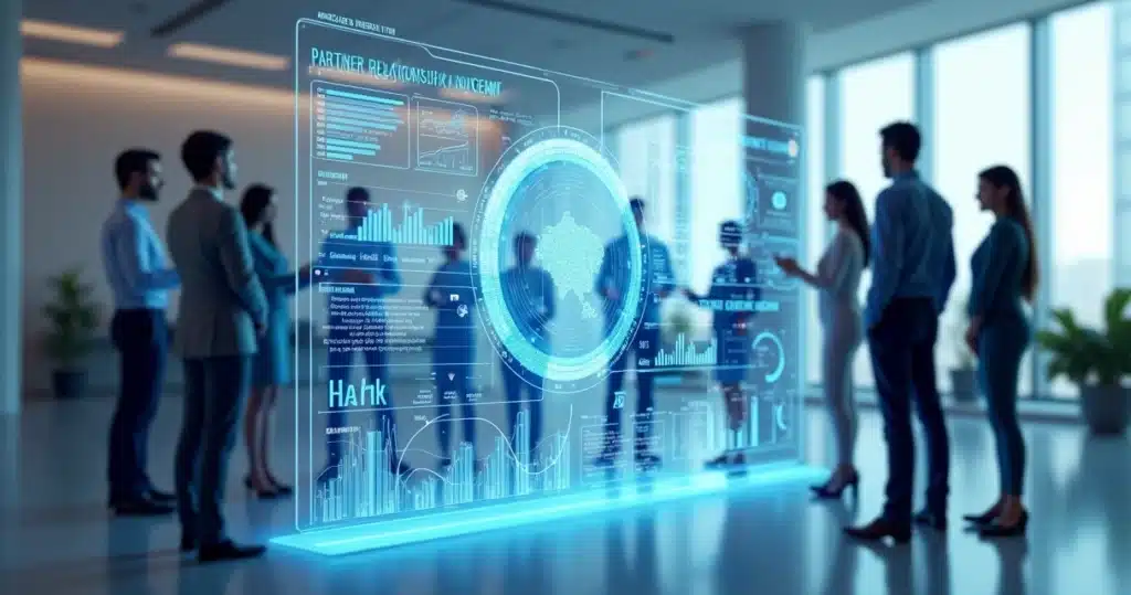 Como parcerias em RH aumentam clientes e engajamento Ilustração 3D de equipe corporativa colaborando em gestão de parcerias e benefícios em RH