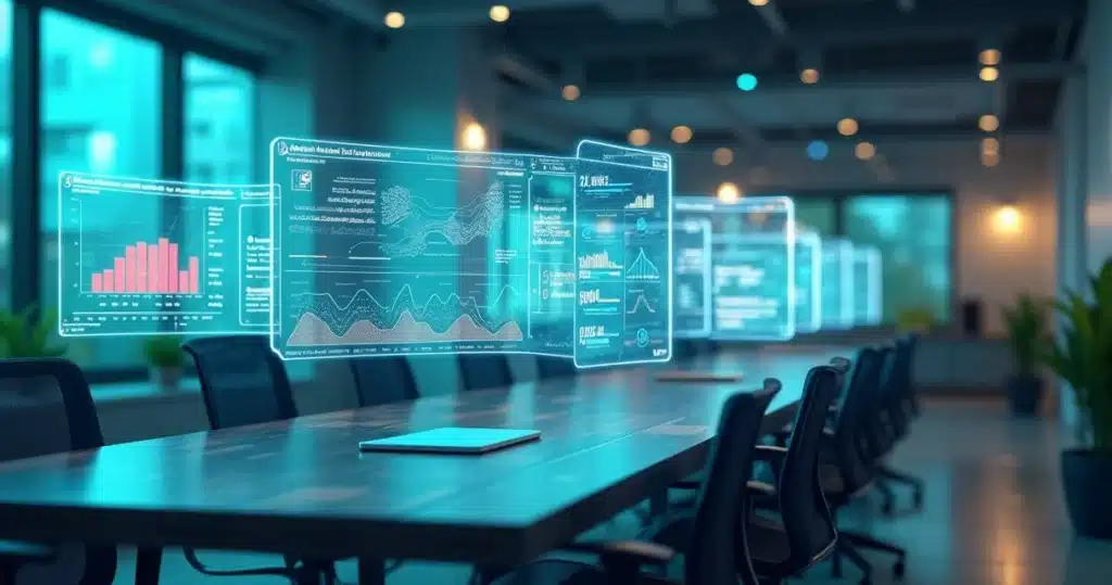 Representação 3D de dashboards interativos exibindo métricas de performance e comissionamento de parceiros em marketing