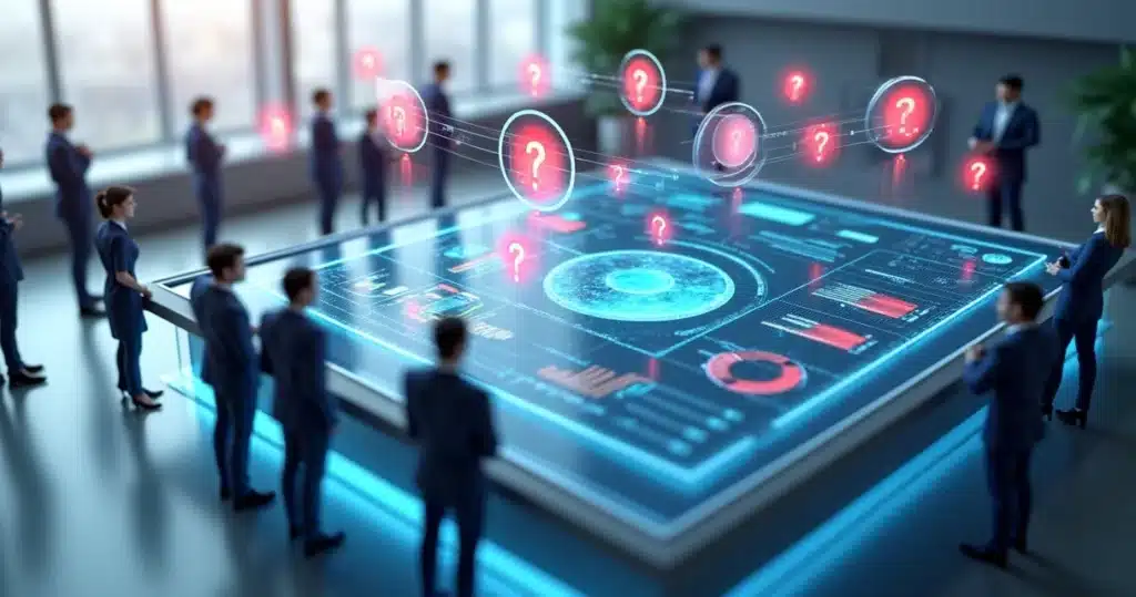 Ilustração 3D de gestores analisando gráficos e métricas em telas digitais, mostrando erros em programas de parceria
