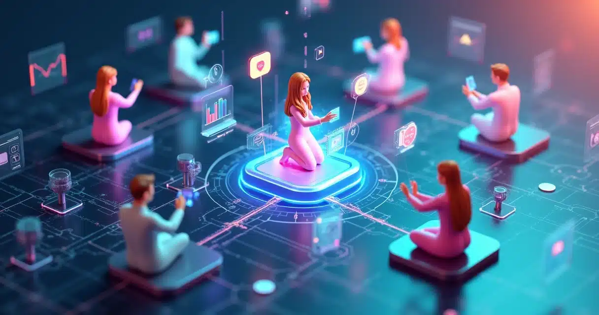 Modelo 3D de influenciadores digitais conectando-se a parceiros em uma plataforma digital integrada