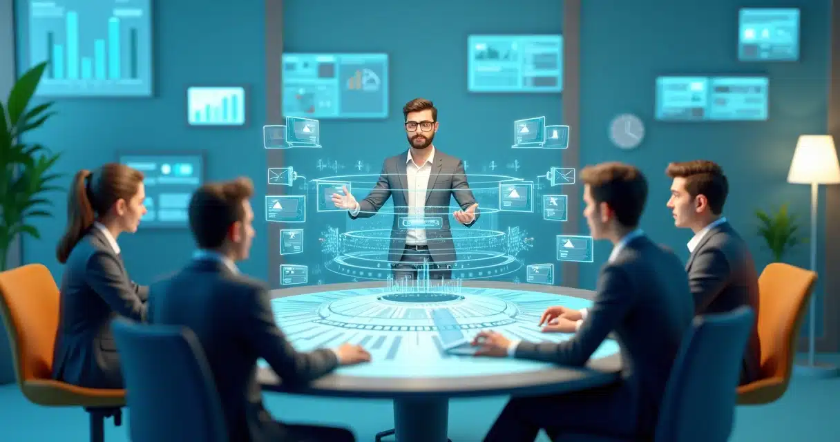 Representação 3D de equipe comercial interna coordenando processo de vendas direto ao cliente