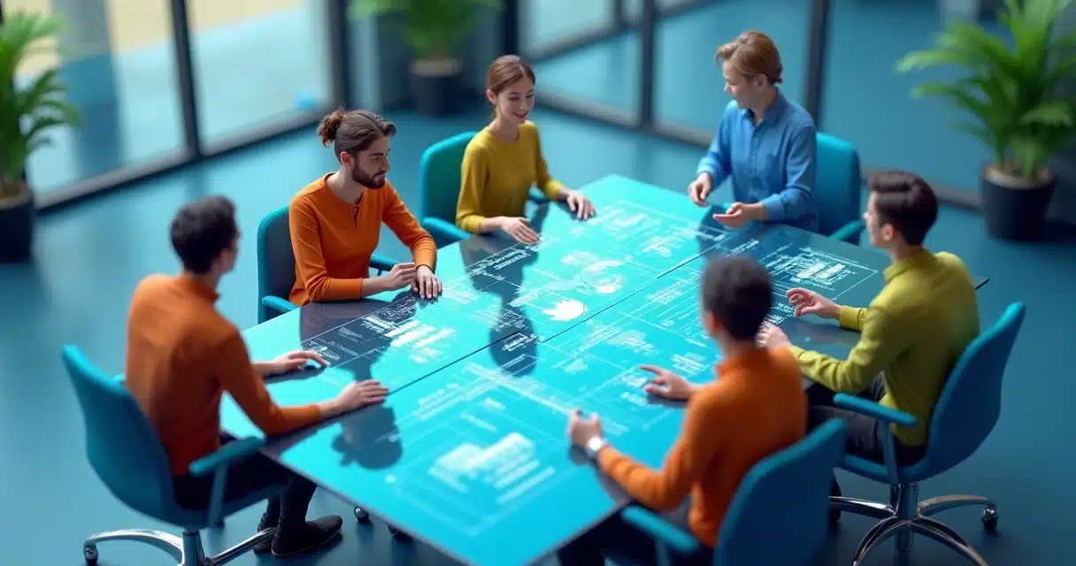 Ilustração 3D de equipe de agência digital analisando gráficos de comissionamento em telas digitais coloridas