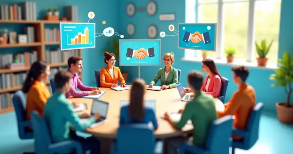 Ilustração 3D de profissionais e educadores realizando reunião sobre parcerias estratégicas em educação, com gráficos e ícones digitais de conexão ao redor, captar alunos com parcerias estratégica