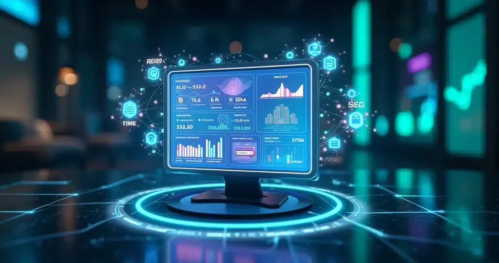 Tela 3D de plataforma PRM mostrando dashboards de performance e gráficos de comissionamento