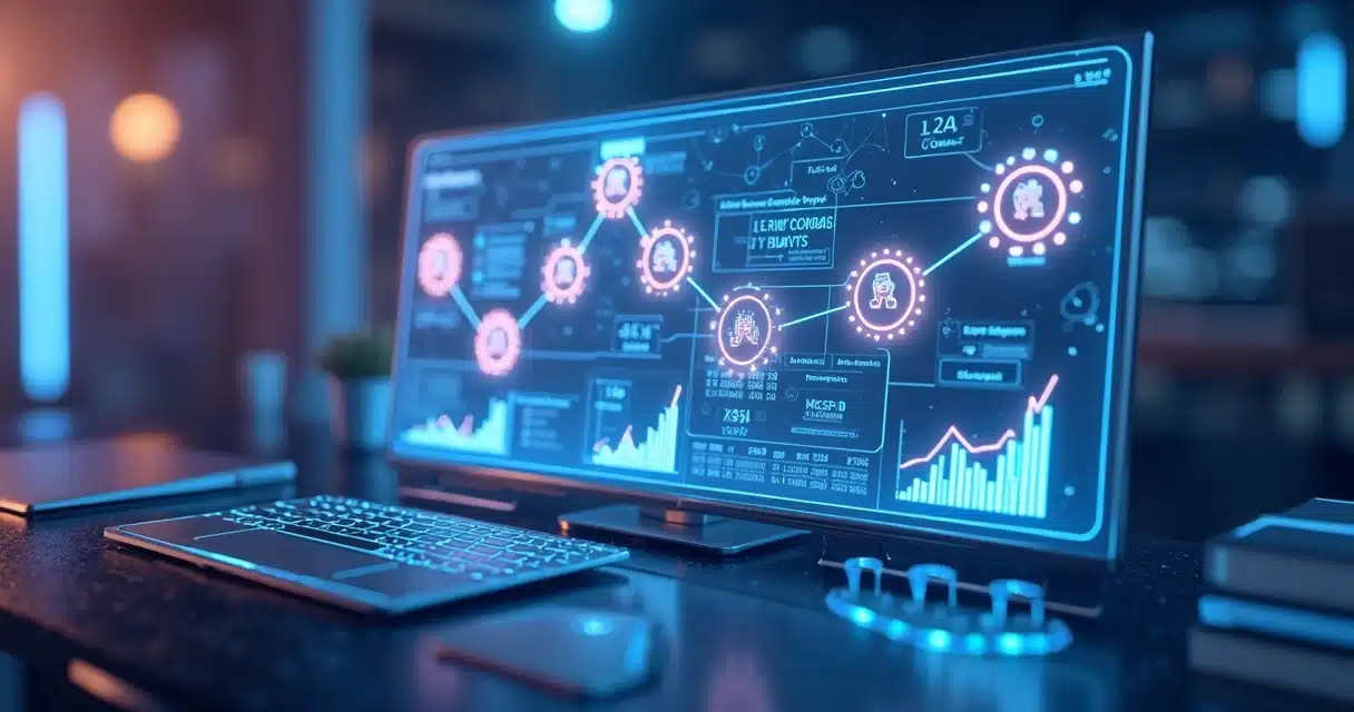 Ilustração 3D de uma plataforma digital gerenciando parcerias com gráficos de desempenho e rede de conexões