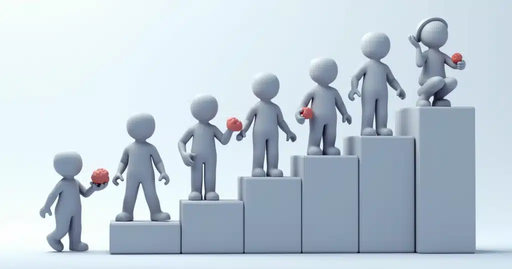 Representação 3D de um gráfico de crescimento com ícones de pessoas conectadas simbolizando um programa de indicação para agências de marketing