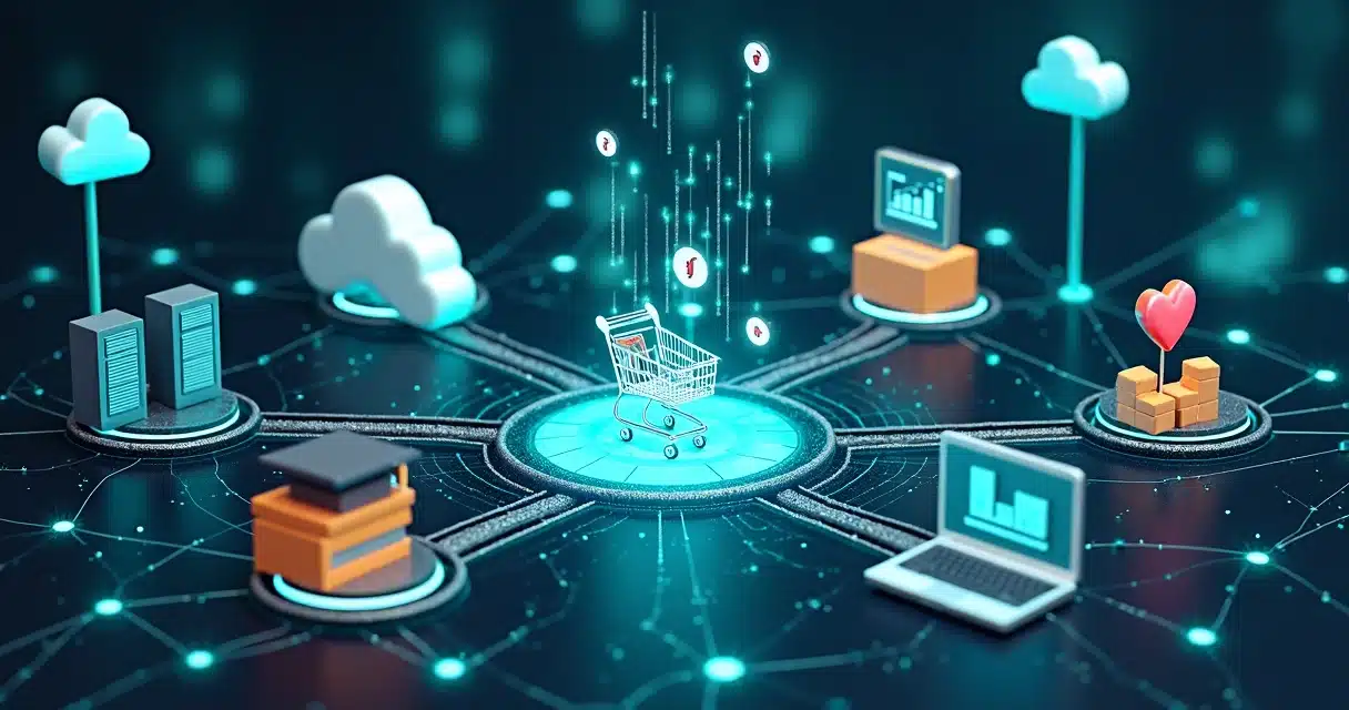 Modelos 3D representando diversos setores como tecnologia, saúde, educação e comércio eletrônico integrados por conexões digitais